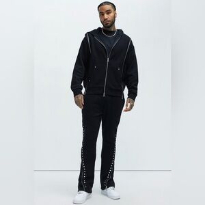 (2-piece) Tyson Sleaze Studded Zip Up Hoodie and Pants - Black Set